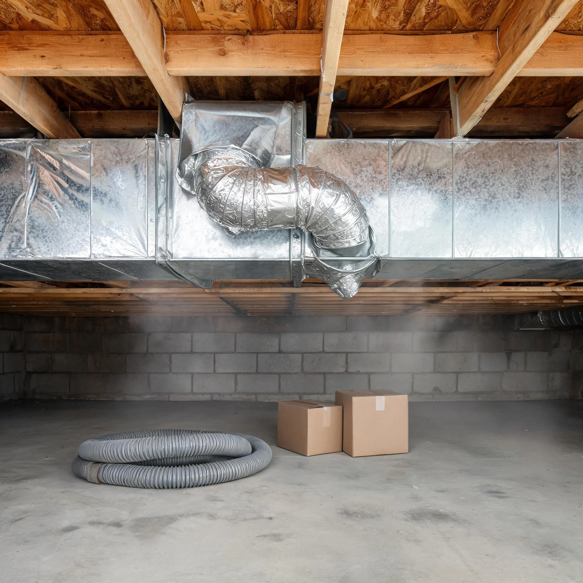 Basement or crawlspace with exposed wooden floor joists, a large galvanized sheet-metal duct trunk with an insulated flexible duct elbow, concrete block walls, a coiled gray flexible hose and two cardboard boxes on the concrete floor.