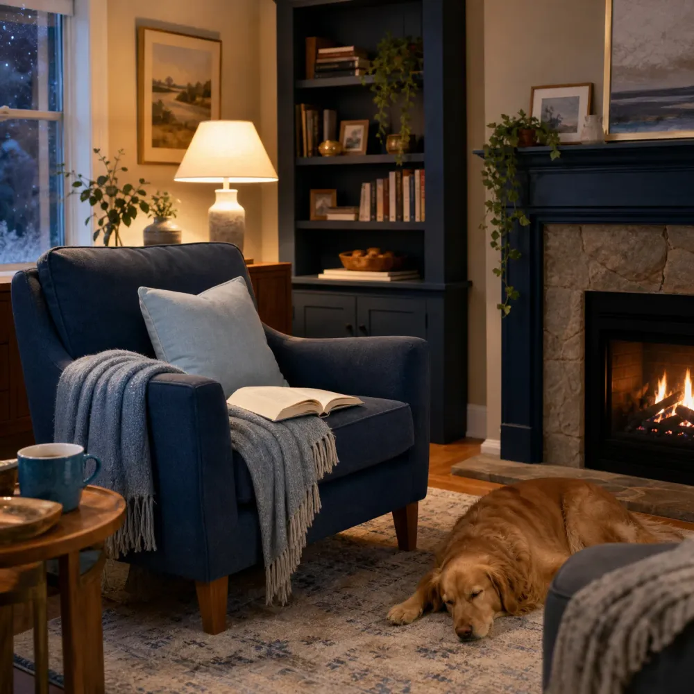 A dimly lit living room with a navy armchair holding an open book, a gray throw and light blue pillow, a lit table lamp, built-in bookshelves, a lit gas fireplace with stone surround, and a golden retriever sleeping on a patterned rug.