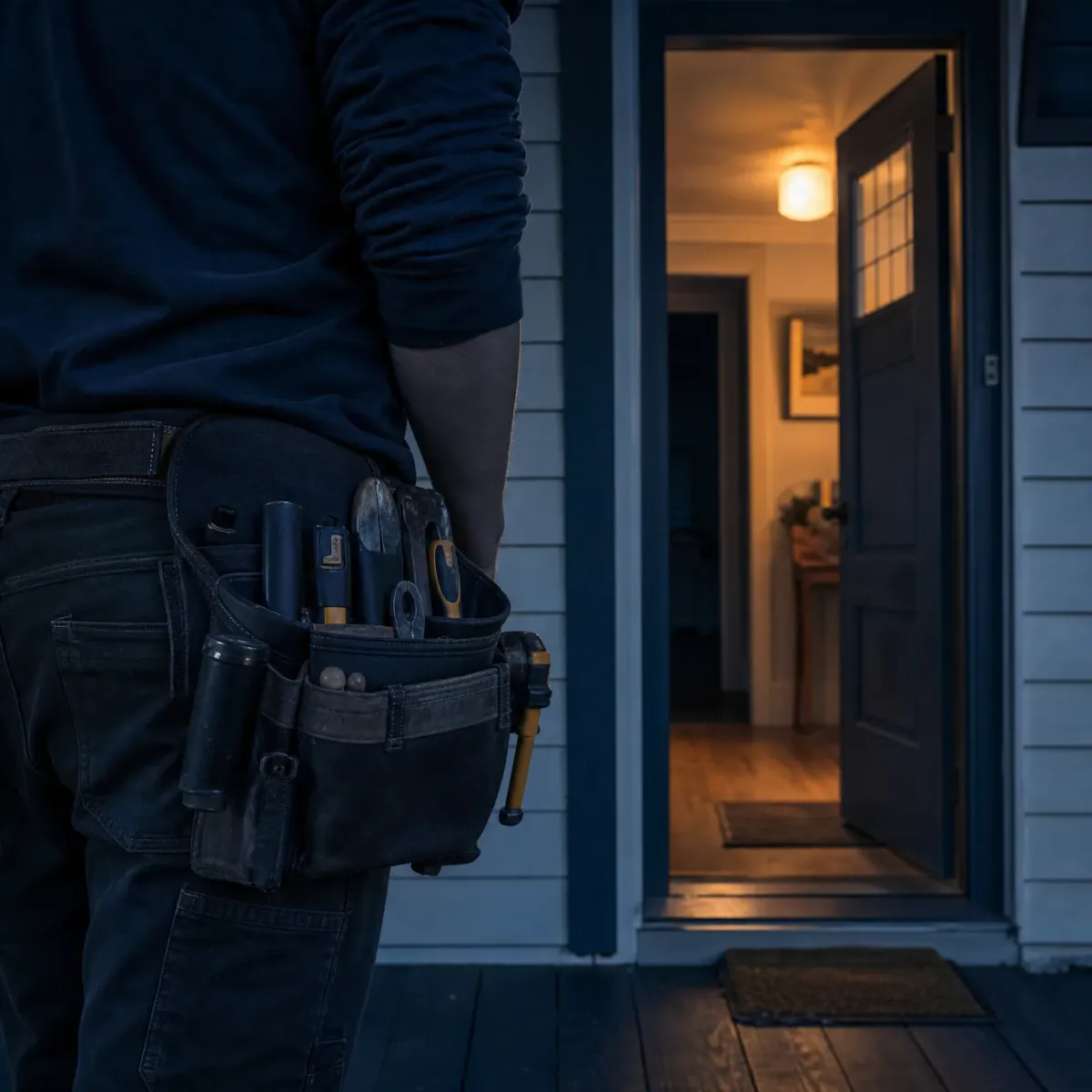 A person in a dark long-sleeved shirt wearing a loaded tool belt stands on a porch at dusk beside an open front door revealing a lit hallway.