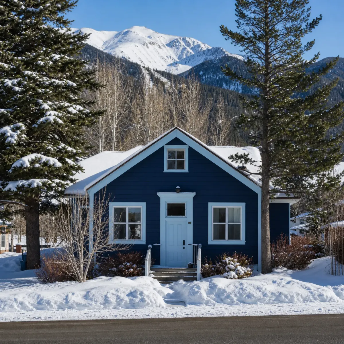 A small dark blue house with white trim and a light blue front door, surrounded by deep snow and conifers, with a snow-covered mountain in the background.