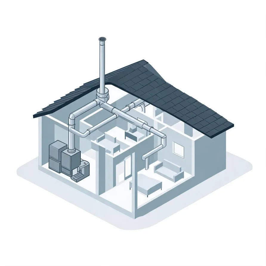 Isometric cutaway illustration of a small house showing a furnace unit connected to ductwork and a vertical flue pipe extending through the dark shingled roof, with sparse furniture in the rooms.