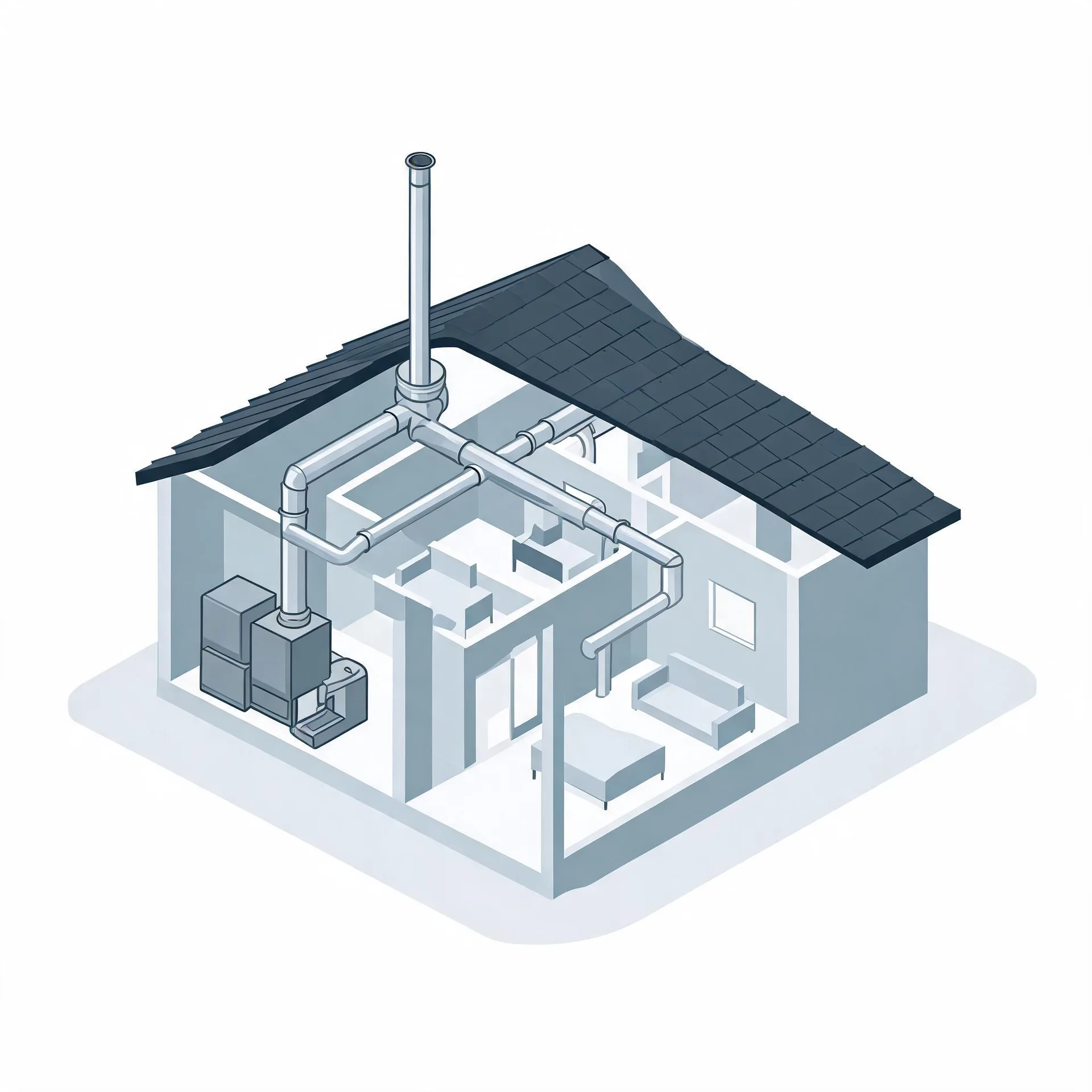 Isometric cutaway illustration of a small house showing a furnace unit connected to ductwork and a vertical flue pipe extending through the dark shingled roof, with sparse furniture in the rooms.