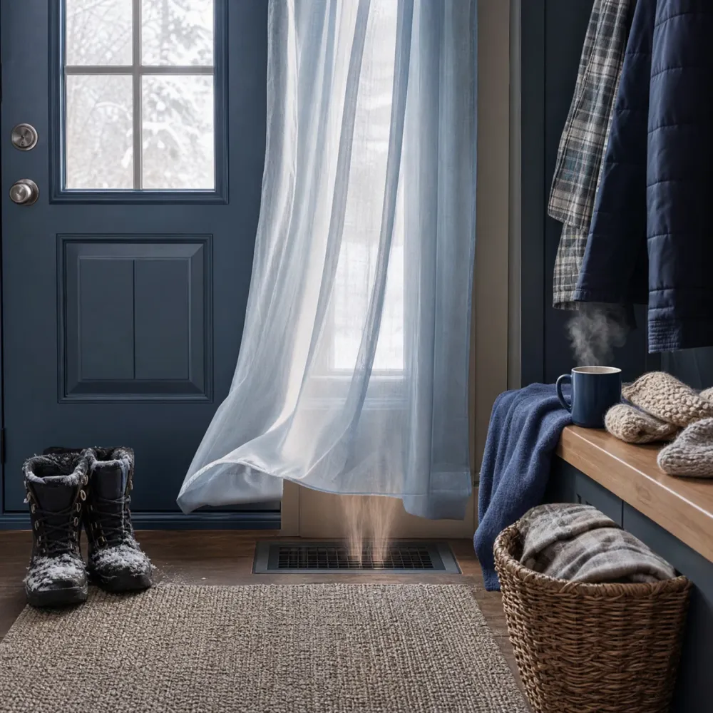 Entryway with a dark blue door and window showing snowy trees, sheer curtain lifting above a floor vent, snow-dusted boots on a woven rug, and a wooden bench with a blue mug, folded blanket and basket.