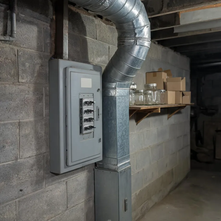 A basement with concrete block walls, a gray electrical panel with breakers mounted on the wall, galvanized metal ductwork running along and down the wall, and a wooden shelf holding glass jars and cardboard boxes.