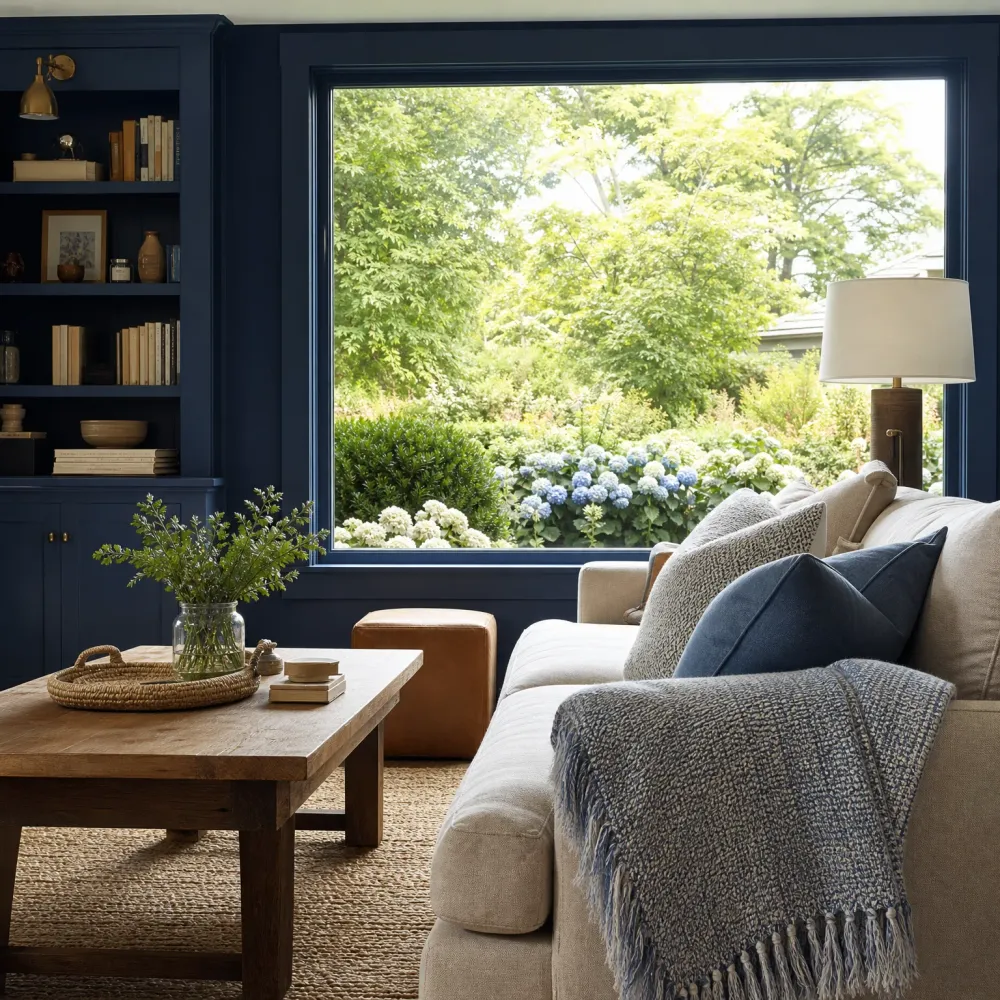 A living room with navy blue walls and built-in shelving, a beige sectional sofa with blue and gray pillows and a knit throw, a wooden coffee table with a woven tray and glass vase of greenery, a leather ottoman, and a large window looking onto green shrubs and hydrangeas.