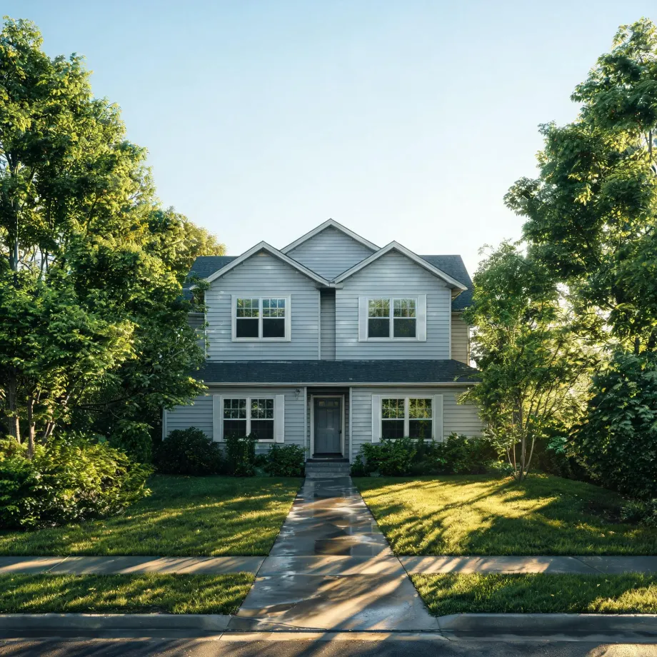 A two-story gray house with white-trimmed windows and a dark front door, fronted by a mowed lawn, a straight concrete walkway to the sidewalk, and large leafy trees on both sides under a clear sky.