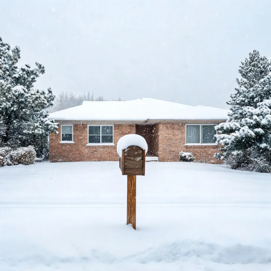 A single-story brick house with a snow-covered roof behind a snow-filled yard, with a wooden mailbox on a post in the foreground and snow-laden evergreen trees on both sides during falling snow.
