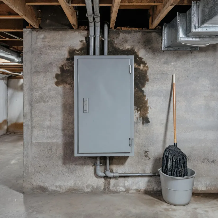A gray metal electrical panel mounted on a stained concrete basement wall, with exposed pipes, wooden floor joists and metal ductwork above, and a mop in a bucket at right.
