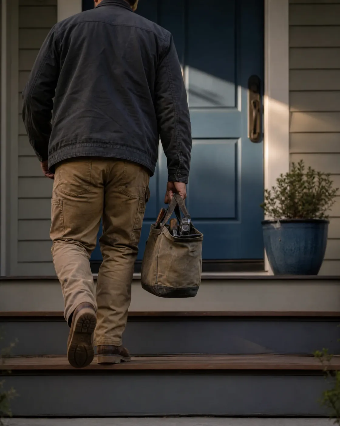 A man seen from behind in a dark jacket and tan work pants climbs wooden porch steps toward a dark blue front door, carrying a worn canvas tool bag in his right hand, with a potted shrub in a blue planter beside the entry.
