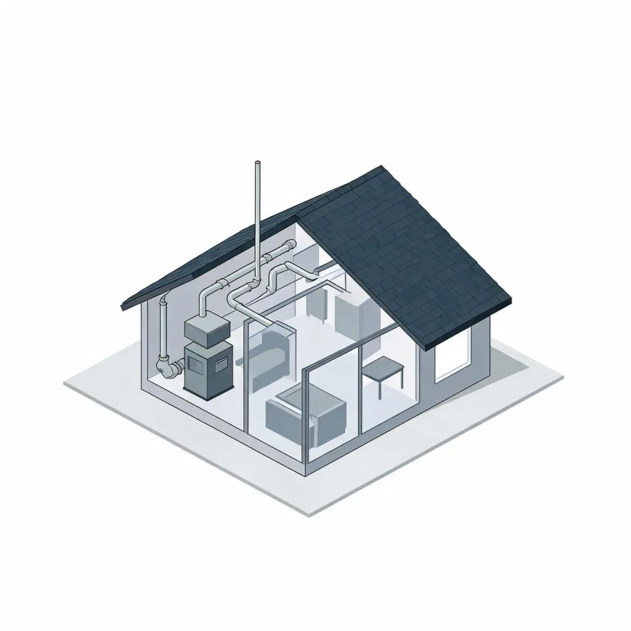 Isometric cutaway illustration of a small house with a dark shingled roof, showing an interior furnace unit, ductwork, and a flue pipe extending through the roof.