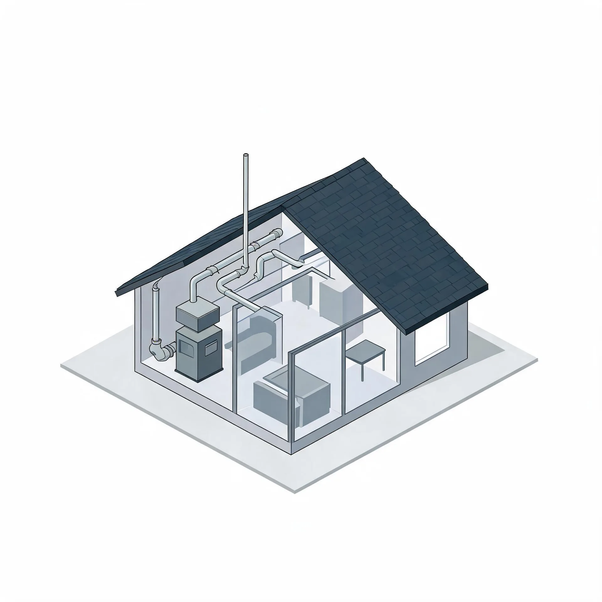 Isometric cutaway illustration of a small house with a dark shingled roof, showing an interior furnace unit, ductwork, and a flue pipe extending through the roof.