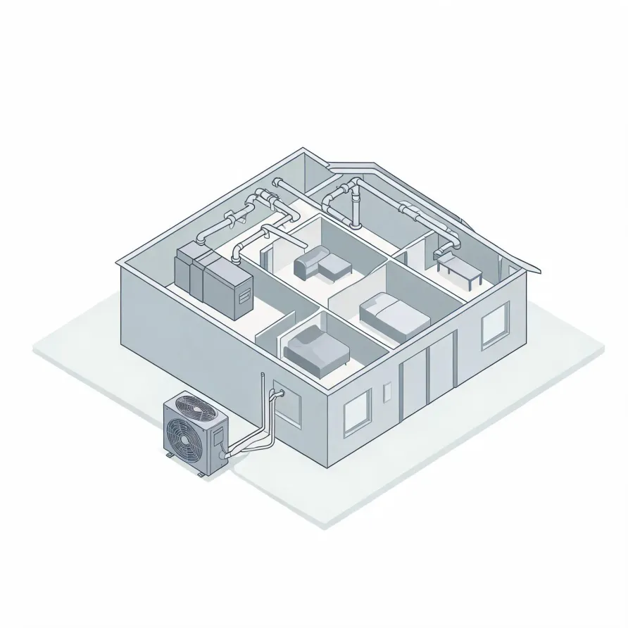 Isometric line illustration of a cutaway single-story house showing interior rooms with beds and furniture, ceiling ductwork connected to an indoor air handler, and an outdoor condenser unit linked by refrigerant lines.