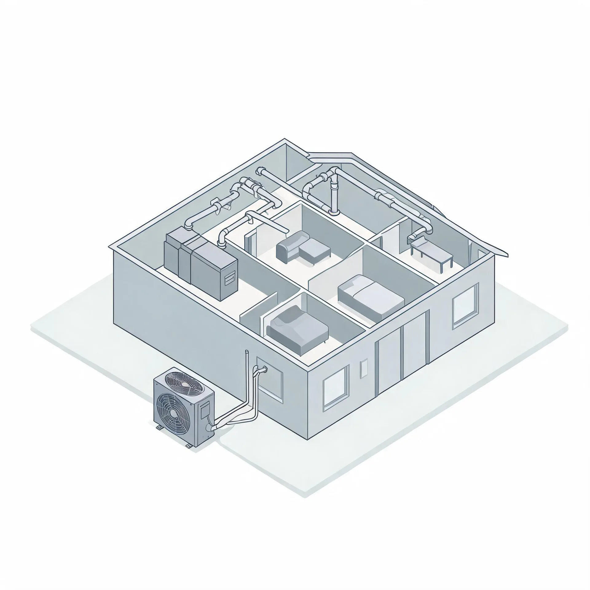 Isometric line illustration of a cutaway single-story house showing interior rooms with beds and furniture, ceiling ductwork connected to an indoor air handler, and an outdoor condenser unit linked by refrigerant lines.