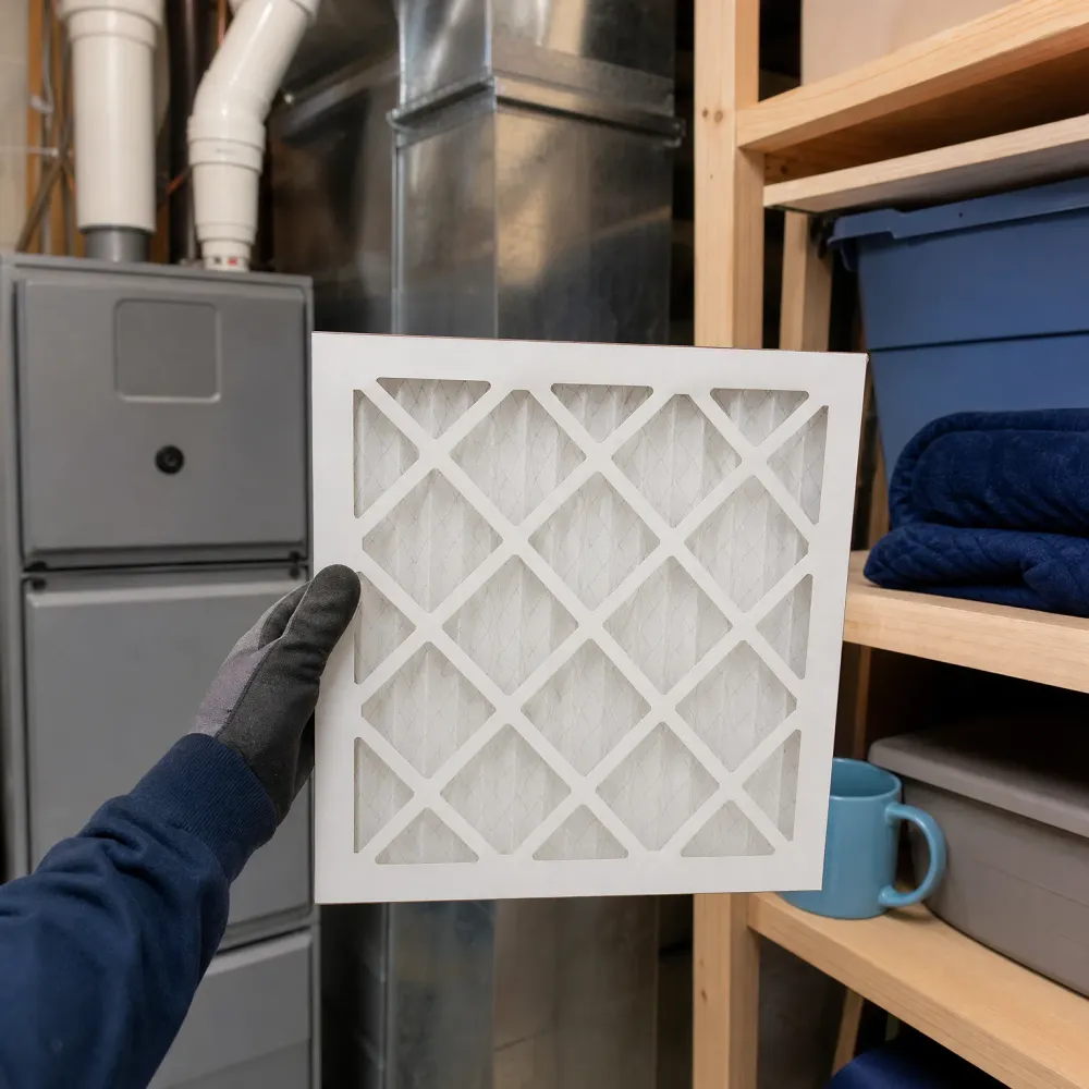 A gloved hand holds a white pleated air filter in front of a furnace and ductwork, next to wooden shelves holding bins, folded blankets, and a blue mug.