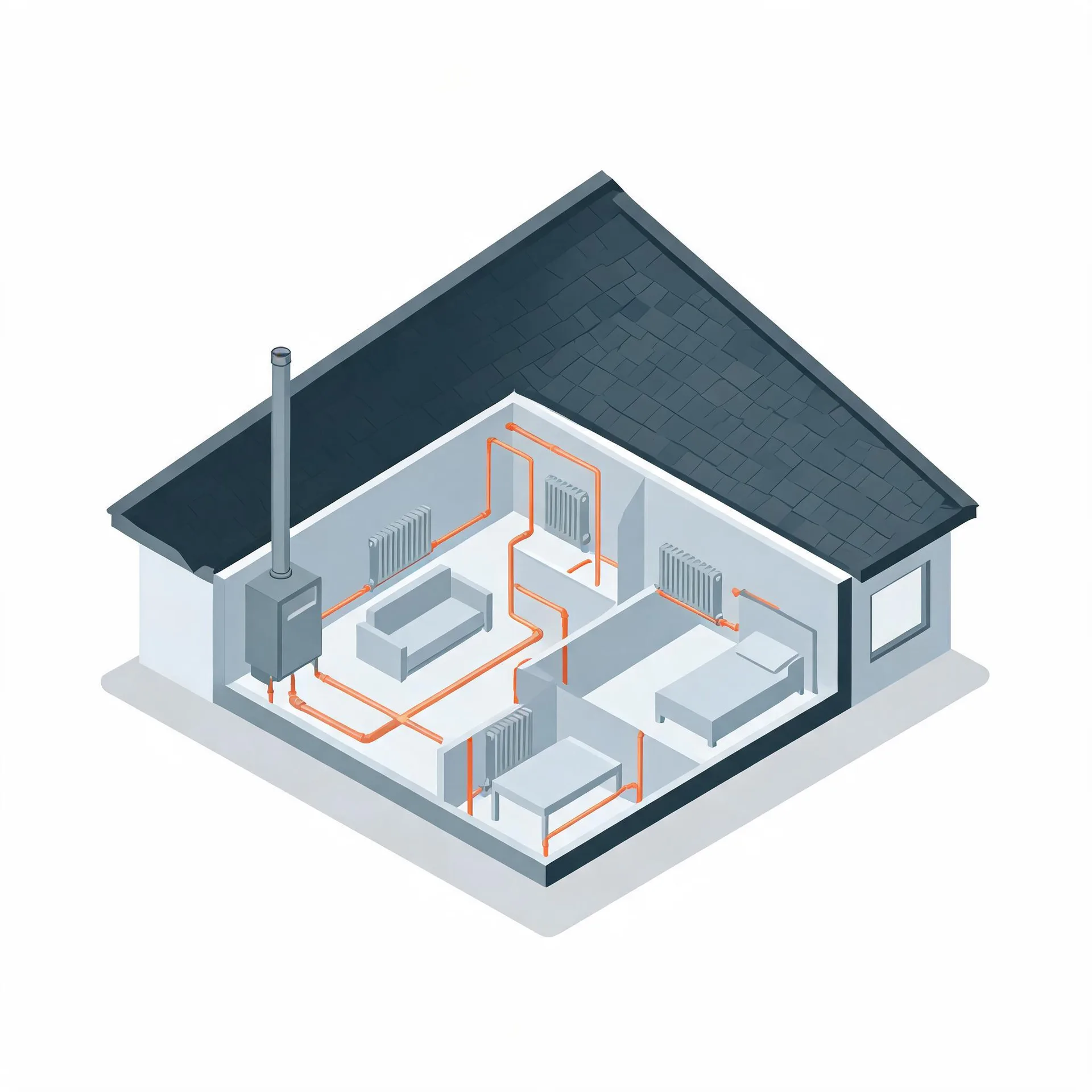 Isometric cutaway illustration of a small house showing a boiler with flue, orange pipework running through rooms, and radiators in a living room, bedroom, and dining area under a dark tiled roof.