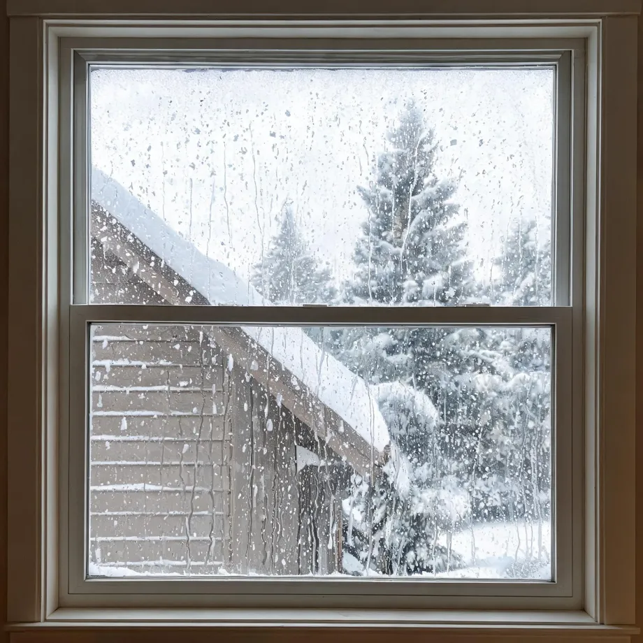 View through a condensation-streaked double-hung window with white trim onto a snow-covered roof of an adjacent wood-sided building and snow-laden conifer and bare trees.
