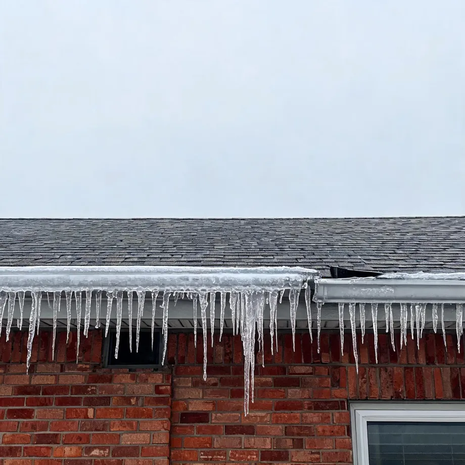 Icicles hang from an ice-covered gutter along the shingled roof edge of a red brick house under an overcast white sky.