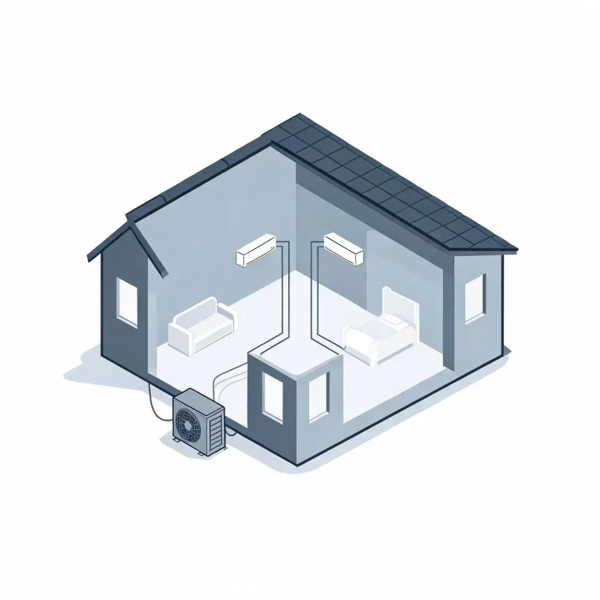 Isometric cutaway illustration of a small house showing two wall-mounted indoor air conditioning units connected by lines to a single outdoor condenser unit beside the building, with a sofa in one room and a bed in another.