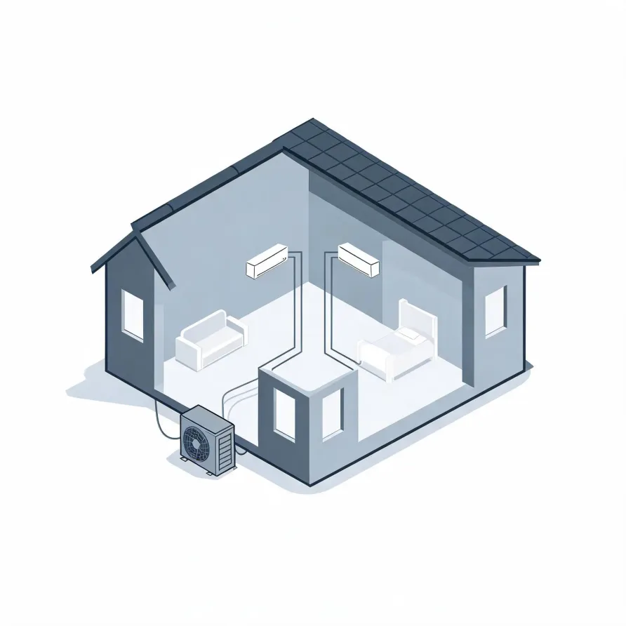 Isometric cutaway illustration of a small house showing two wall-mounted indoor air conditioning units connected by lines to a single outdoor condenser unit beside the building, with a sofa in one room and a bed in another.