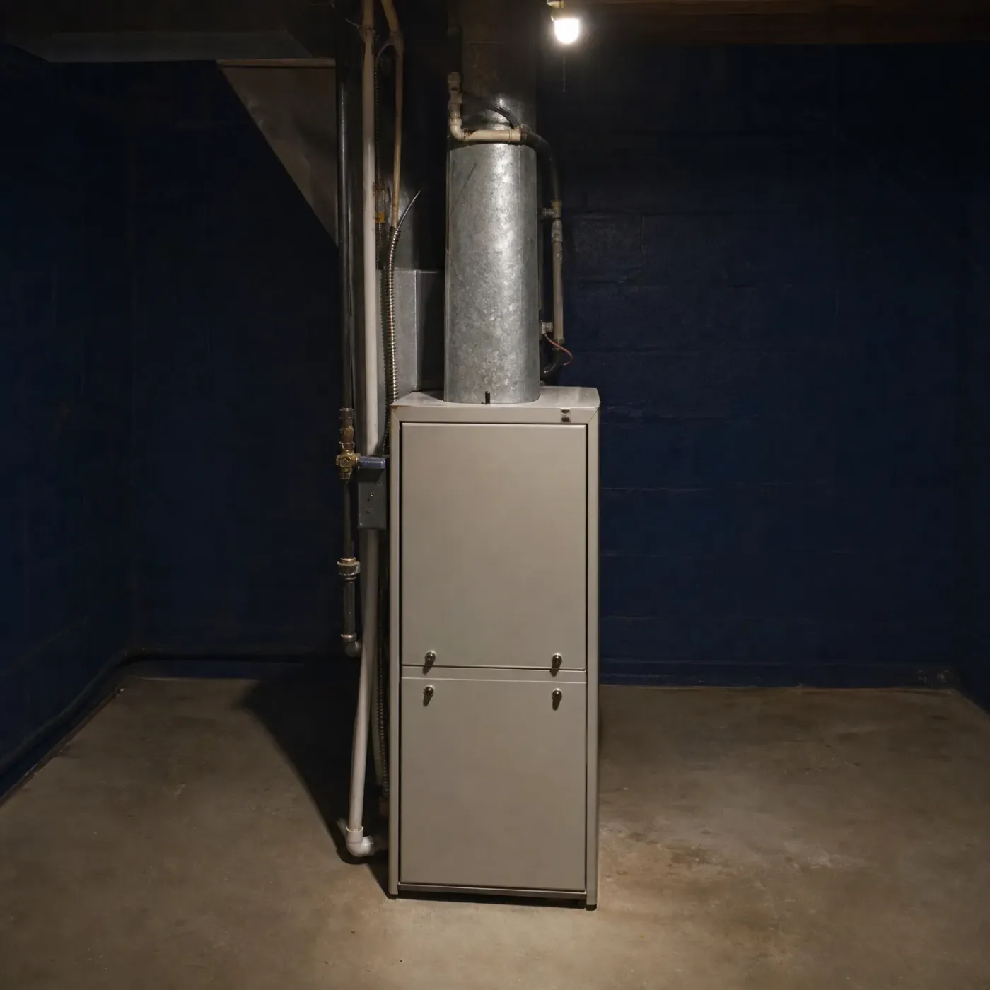A tall gray furnace cabinet stands on a concrete floor in a basement with dark blue painted block walls, with a galvanized metal flue duct and pipes running up behind it and a bare light bulb overhead.