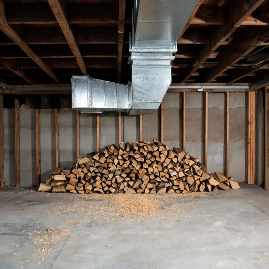 An unfinished basement with exposed wood joists, galvanized sheet-metal ductwork, concrete walls with wood studs, and a pile of split firewood on the concrete floor surrounded by wood debris.