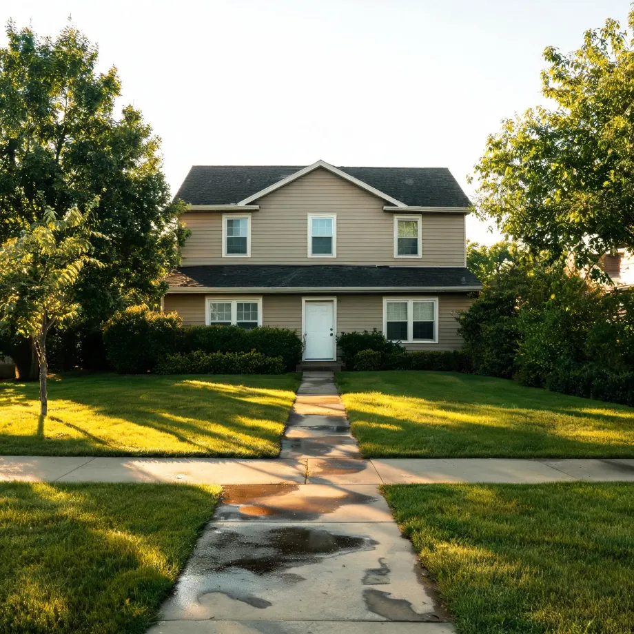 A two-story house with tan horizontal siding and a dark shingled roof, fronted by a mowed lawn, trimmed shrubs, leafy trees on both sides, and a concrete walkway leading from a wet sidewalk to the white front door.