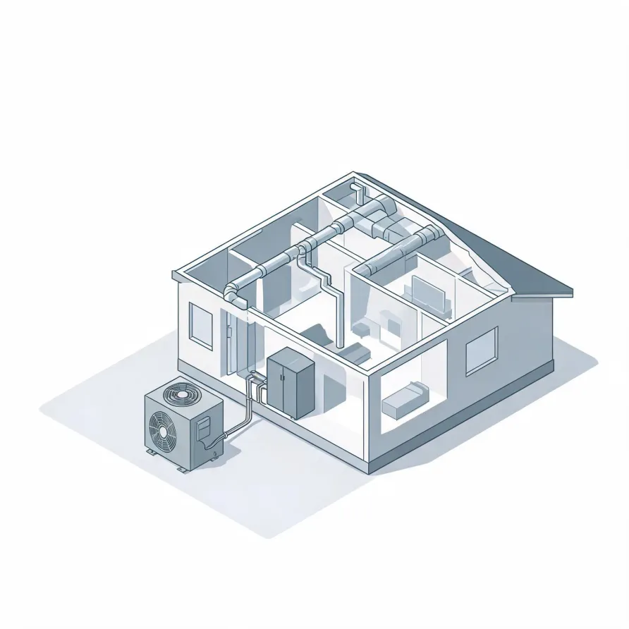 Isometric line illustration of a cutaway single-story house showing interior rooms, ceiling ductwork, an indoor air handler unit, and an outdoor condenser connected by a line set.