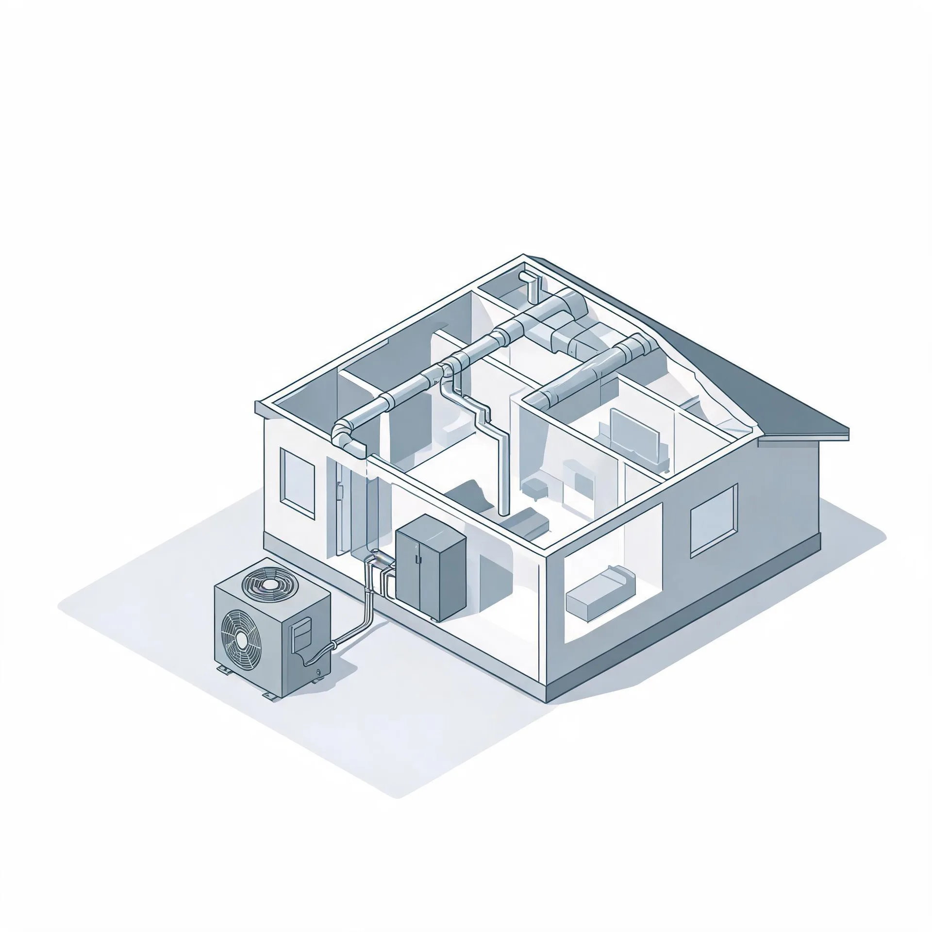 Isometric line illustration of a cutaway single-story house showing interior rooms, ceiling ductwork, an indoor air handler unit, and an outdoor condenser connected by a line set.