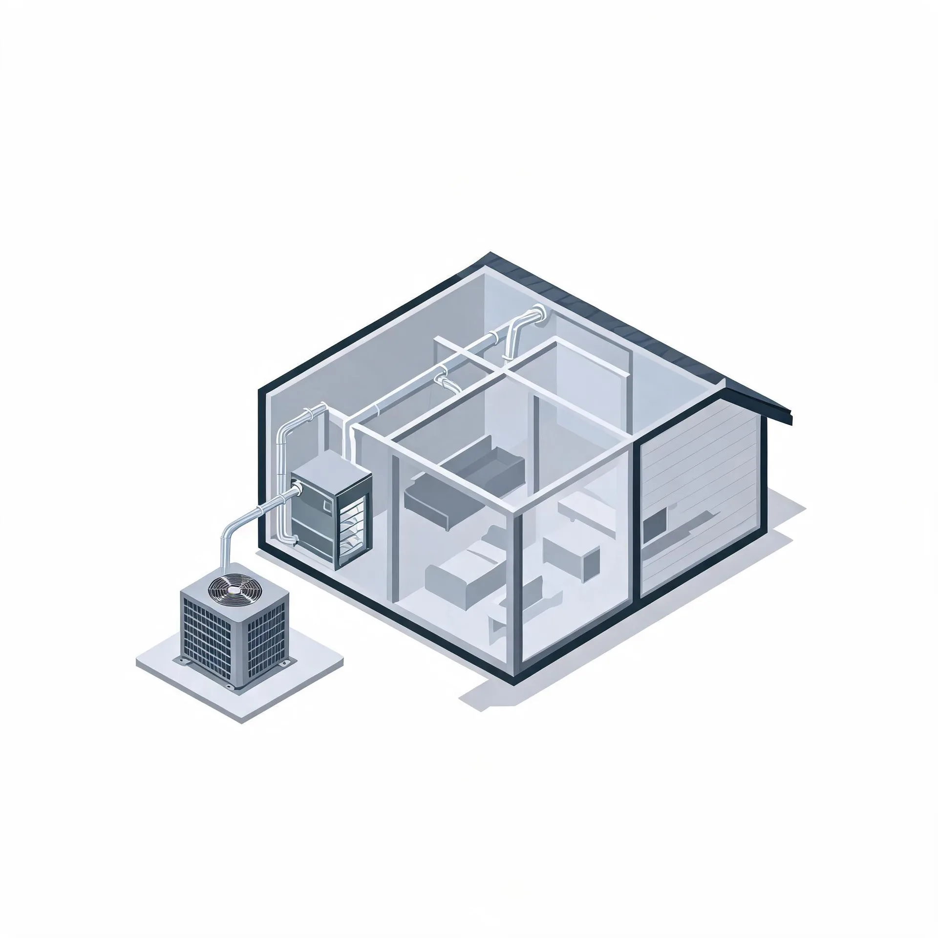 Isometric grayscale illustration of a cutaway house showing interior rooms, ductwork, an indoor air handler, and an outdoor condenser unit on a pad connected by lines.