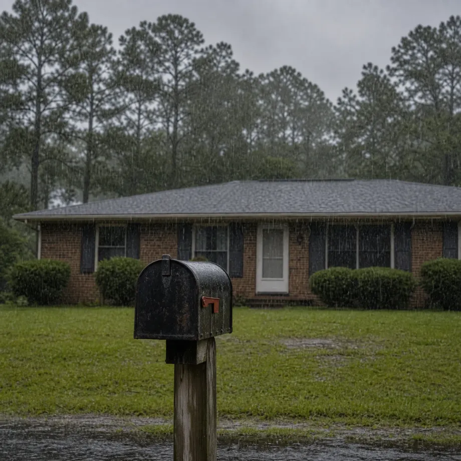 A weathered black mailbox on a wooden post stands in a wet lawn during heavy rain, with a single-story brick house with a gray roof and pine trees behind it under an overcast sky.