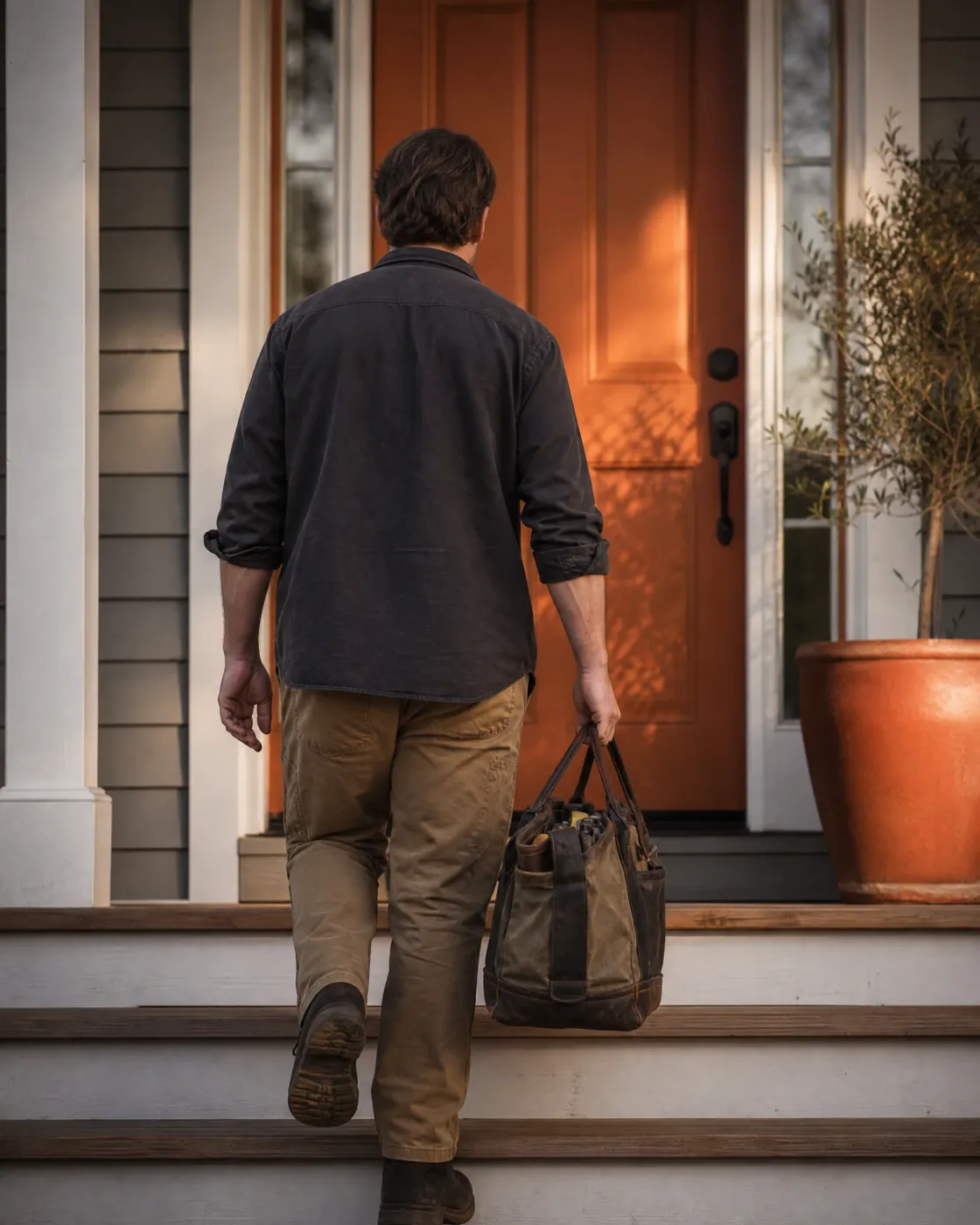 A man in a dark shirt and tan pants carries a waxed canvas tool bag up porch steps toward an orange front door, with a potted olive tree beside the entry.