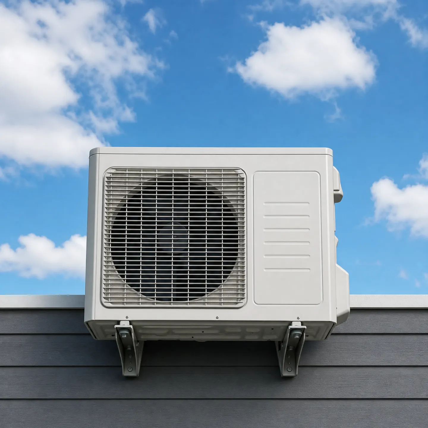 A white outdoor air conditioner condenser unit mounted on metal wall brackets against gray horizontal siding, with a blue sky and white clouds behind it.