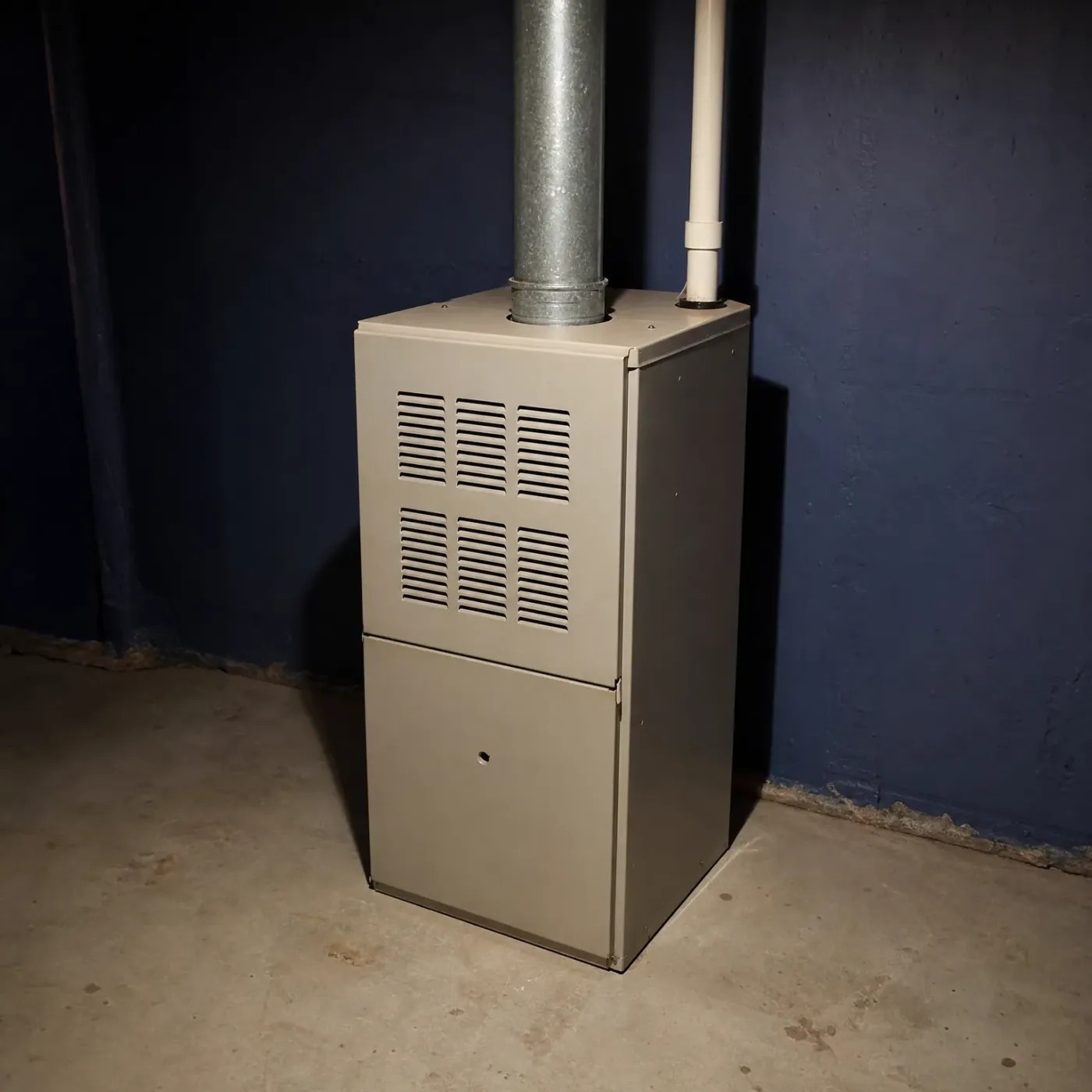 A beige sheet-metal furnace stands on a concrete floor against a dark blue painted wall, with a metal flue pipe and a white PVC pipe rising from its top.