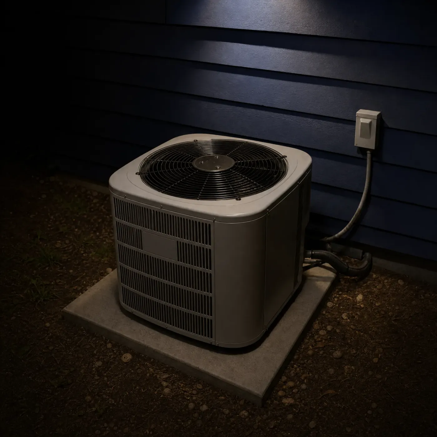 An outdoor air conditioning condenser unit on a concrete pad beside a dark blue horizontal-lap sided wall at night, with a wall-mounted disconnect box and insulated refrigerant lines running to the unit.
