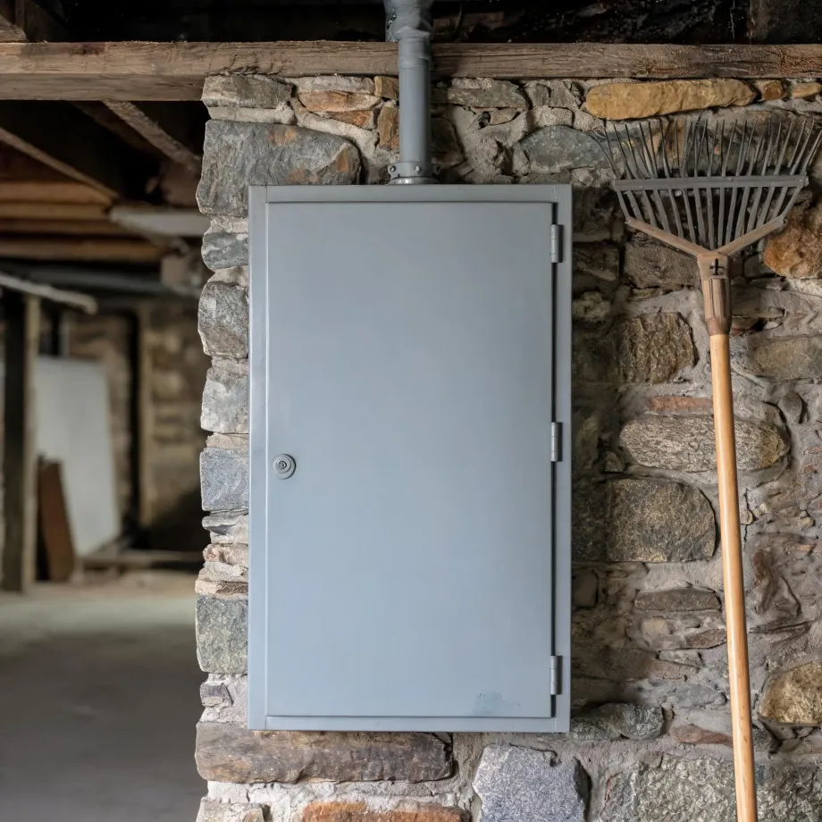 A gray metal cabinet with a lock mounted on a stone wall under wooden beams, with a metal pipe entering its top and a leaf rake leaning against the wall to the right.