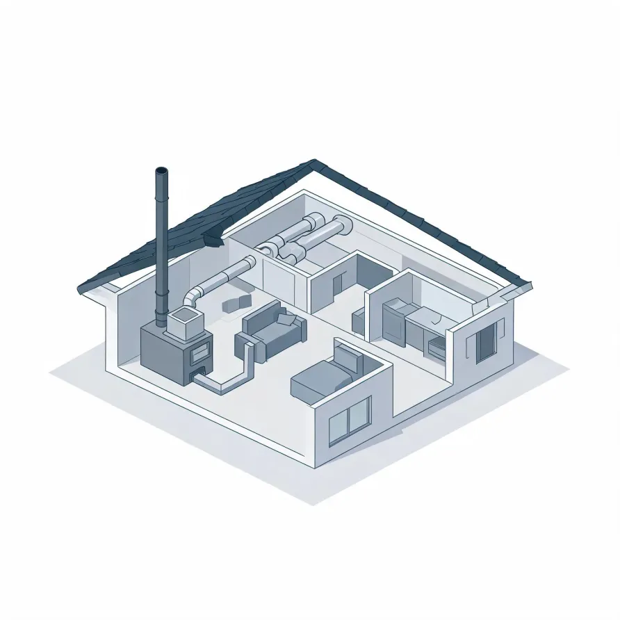 Isometric line illustration of a cutaway single-story house showing interior rooms with furniture, a furnace unit with a tall flue pipe, and connected ductwork running under the pitched roof.