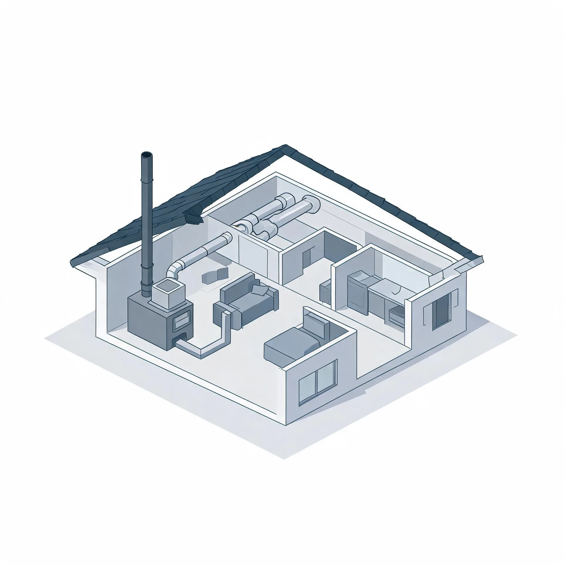Isometric line illustration of a cutaway single-story house showing interior rooms with furniture, a furnace unit with a tall flue pipe, and connected ductwork running under the pitched roof.