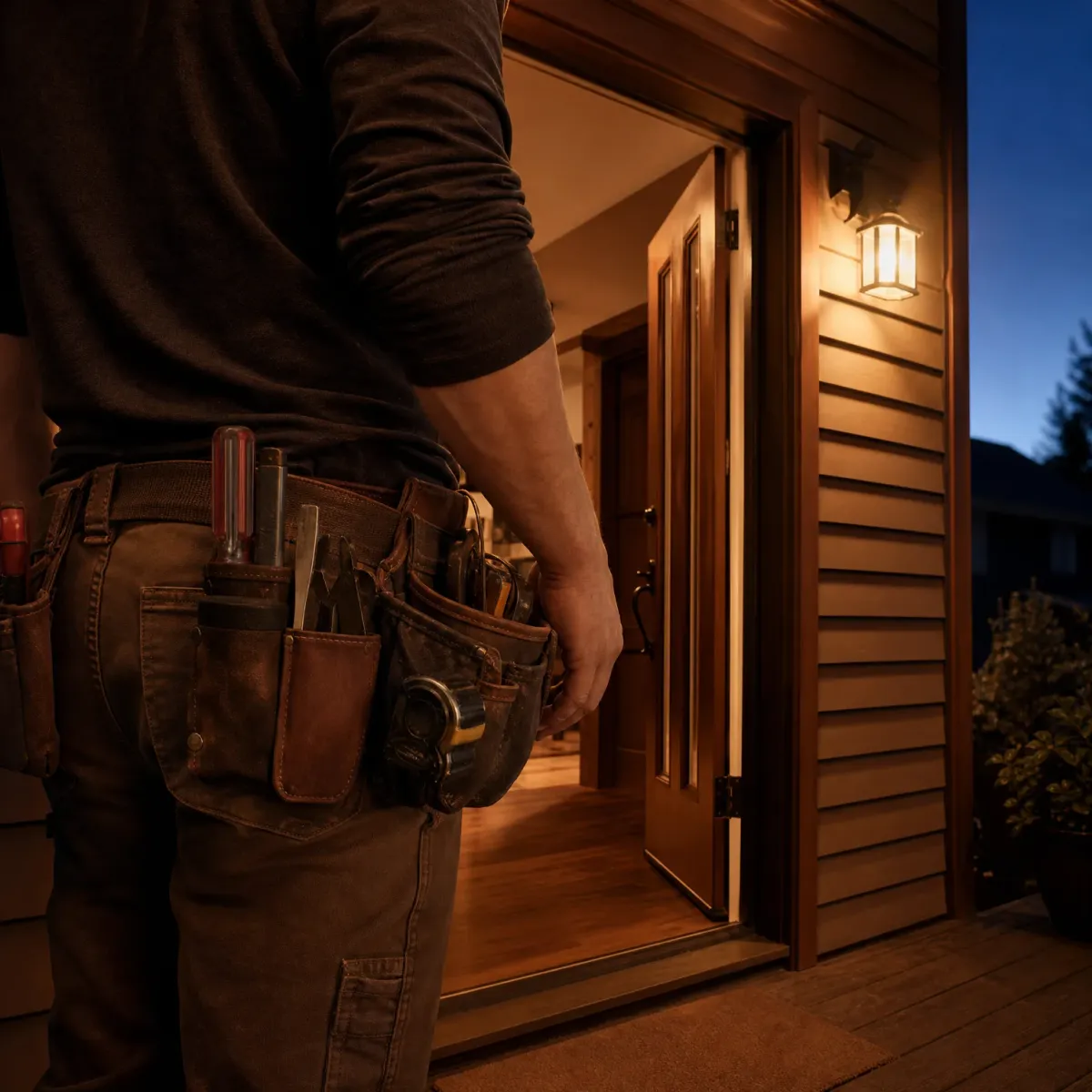 A person in a dark long-sleeved shirt wearing a leather tool belt with screwdrivers, pliers and a tape measure stands at an open house door at dusk, with a lit wall lantern on the horizontal siding beside it.