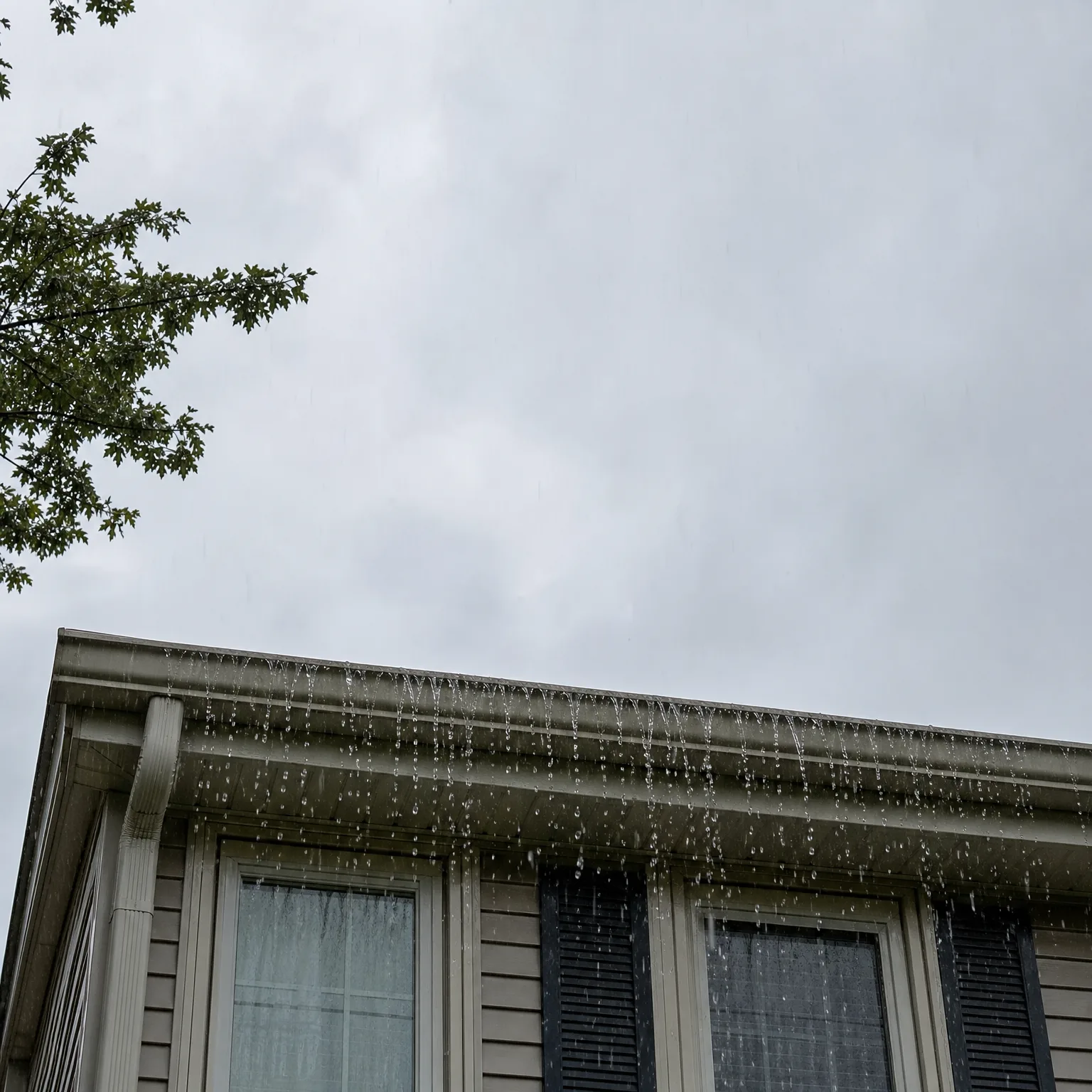 Water overflows in a sheet from the gutter along the roof edge of a house with light horizontal siding, dark shutters and windows, under an overcast grey sky with tree branches at upper left.