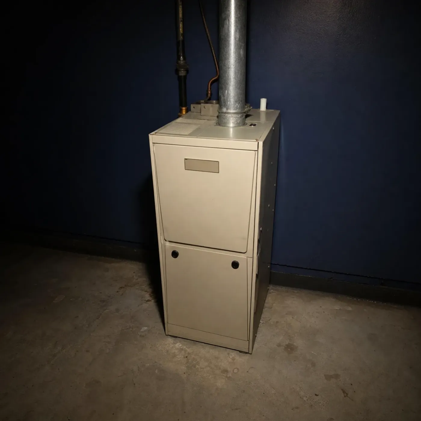 A beige gas furnace standing on a concrete floor against a dark blue wall, with a metal flue pipe and gas piping running up from its top.