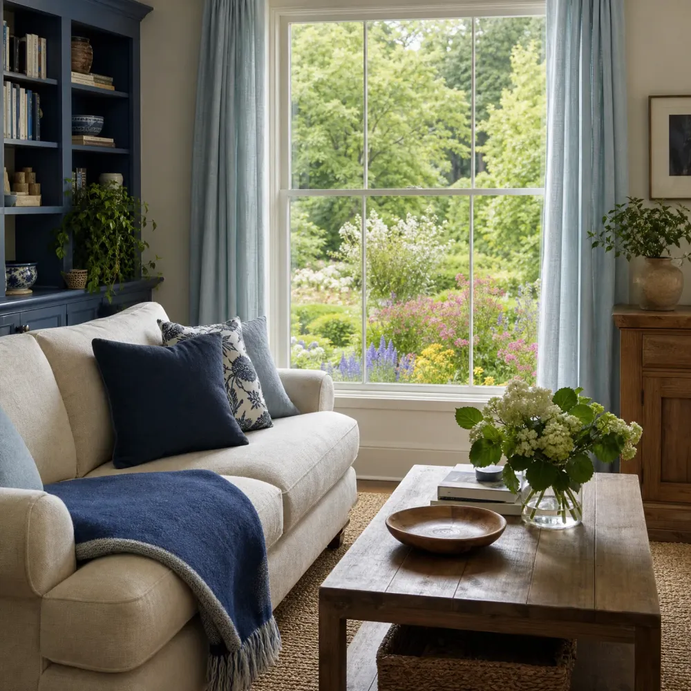 Living room with a cream sofa holding navy and patterned cushions and a blue throw, a wooden coffee table with a bowl and white flowers, a dark blue bookcase, and a large window with pale blue curtains overlooking a green garden.