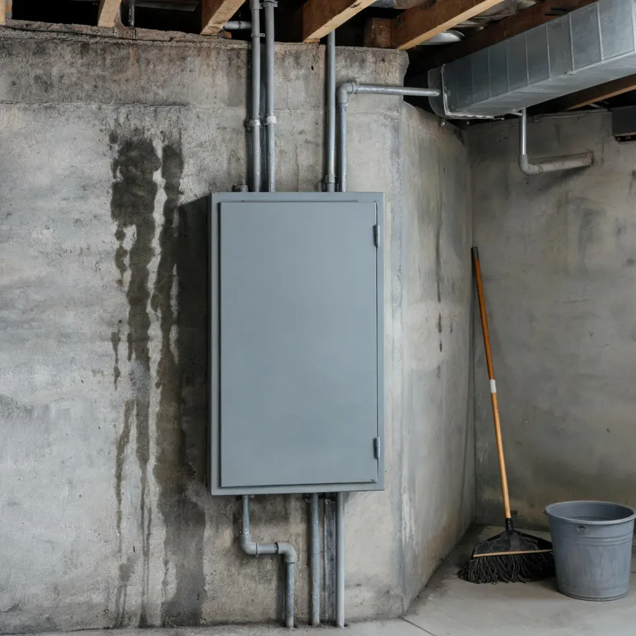 A gray metal electrical panel enclosure mounted on a stained concrete basement wall, with exposed conduit and pipes, a wooden ceiling and duct above, and a broom and metal bucket in the corner.
