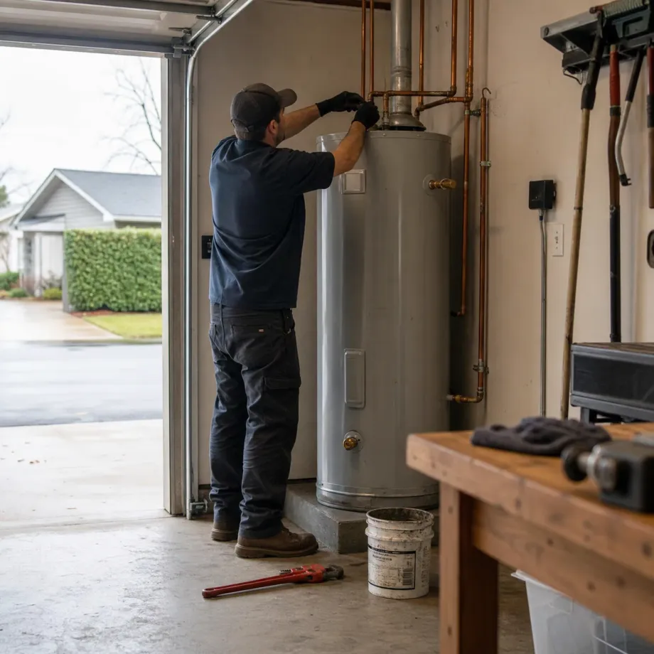 A man in a dark shirt, cap and gloves works on copper pipes at the top of a gas water heater in an open garage, with a pipe wrench and bucket on the floor and a workbench at right.