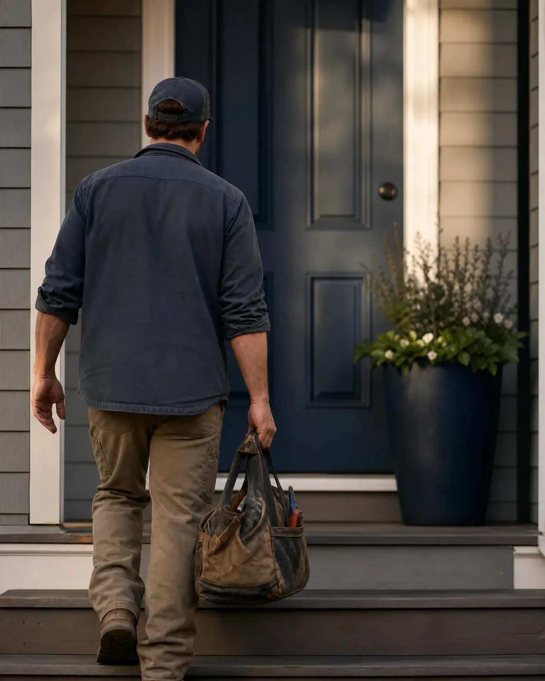 A man in a cap, dark shirt and tan work pants, seen from behind, carries a worn canvas tool bag up steps toward a dark blue front door beside a tall planter of flowers.