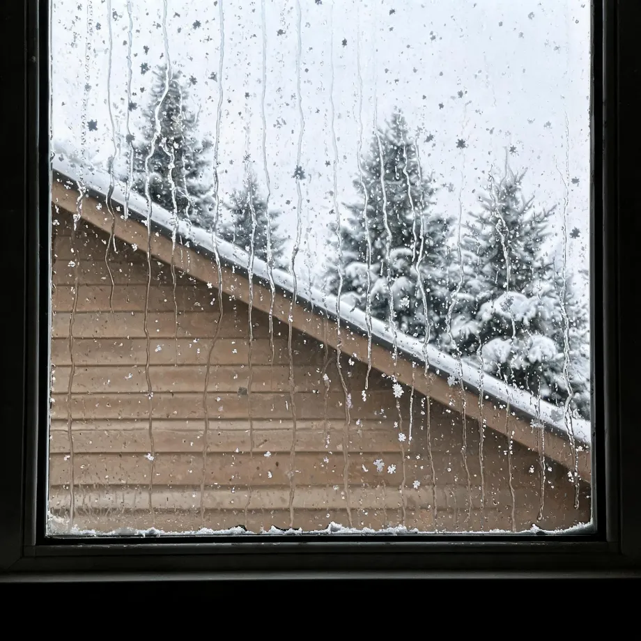 View through a condensation-streaked window of a snow-covered roof on a tan horizontal-siding building, with snow-laden conifer trees and a pale sky beyond.