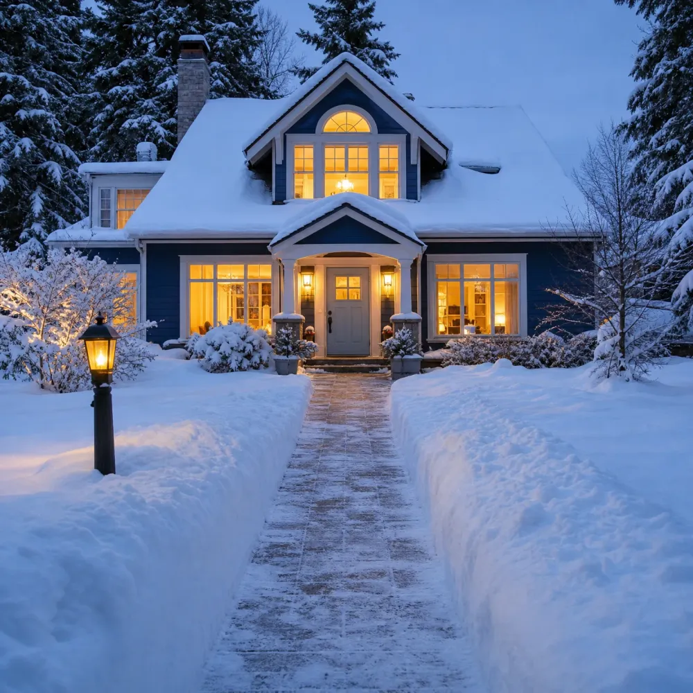 A blue two-story house with lit windows and a snow-covered roof at dusk, with a cleared paved walkway between deep snowbanks, a lamp post at left, and snow-laden conifers behind.