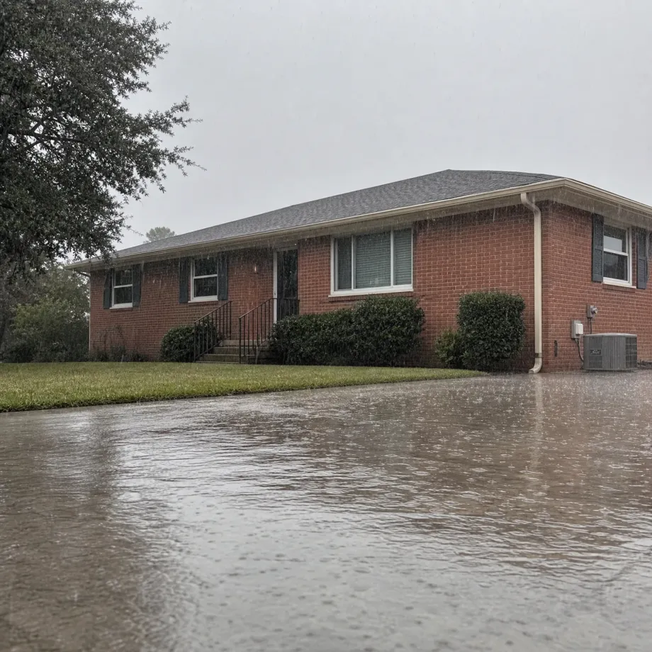 A single-story red brick house with a dark shingled roof and shuttered windows during heavy rain, with standing water covering the driveway in the foreground and a grass lawn alongside.