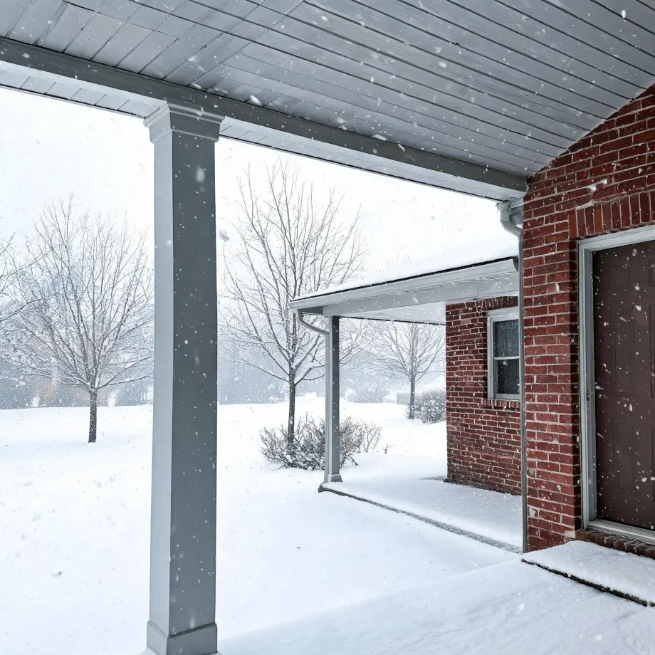 View from a covered porch with gray columns and a white beadboard ceiling toward a snow-covered yard with bare trees, beside a red brick house wall with a window and dark door.