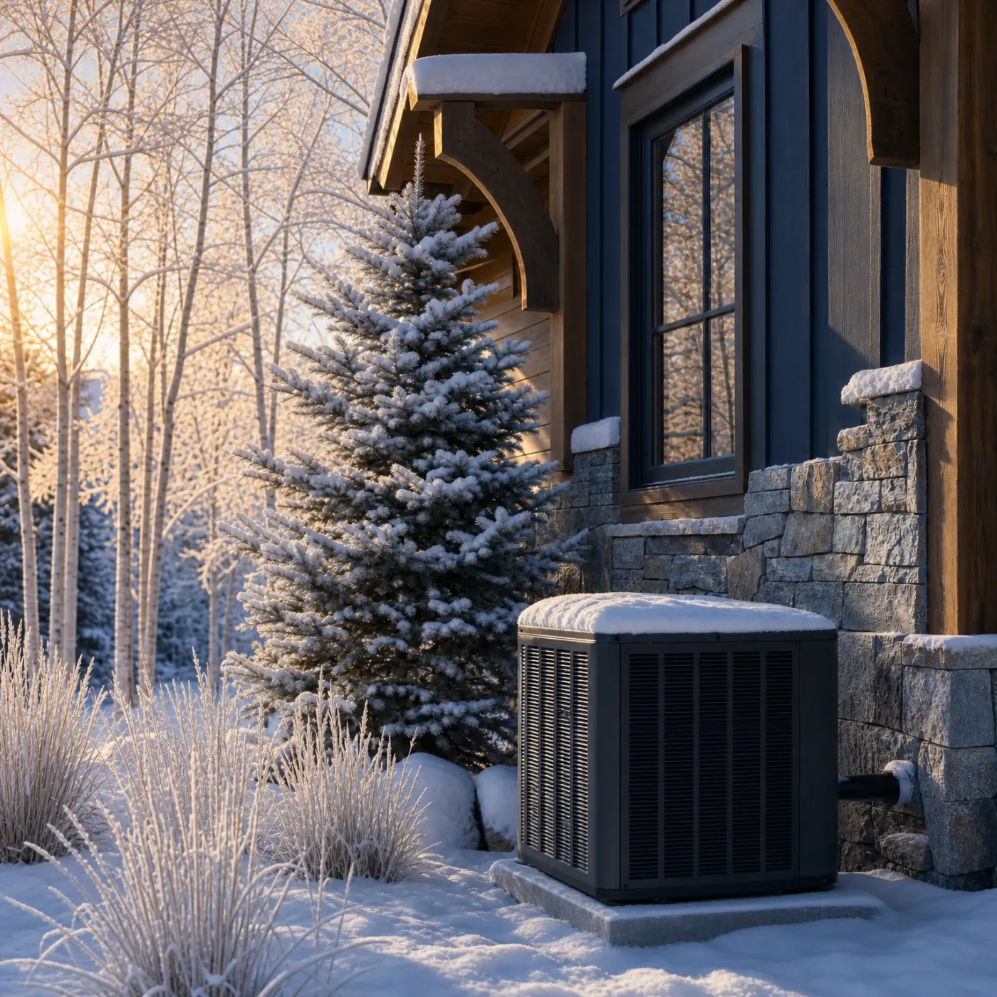 A snow-covered outdoor condenser unit sits on a concrete pad beside a stone and dark wood house exterior, with a frosted spruce and bare trees in low sunlight behind.