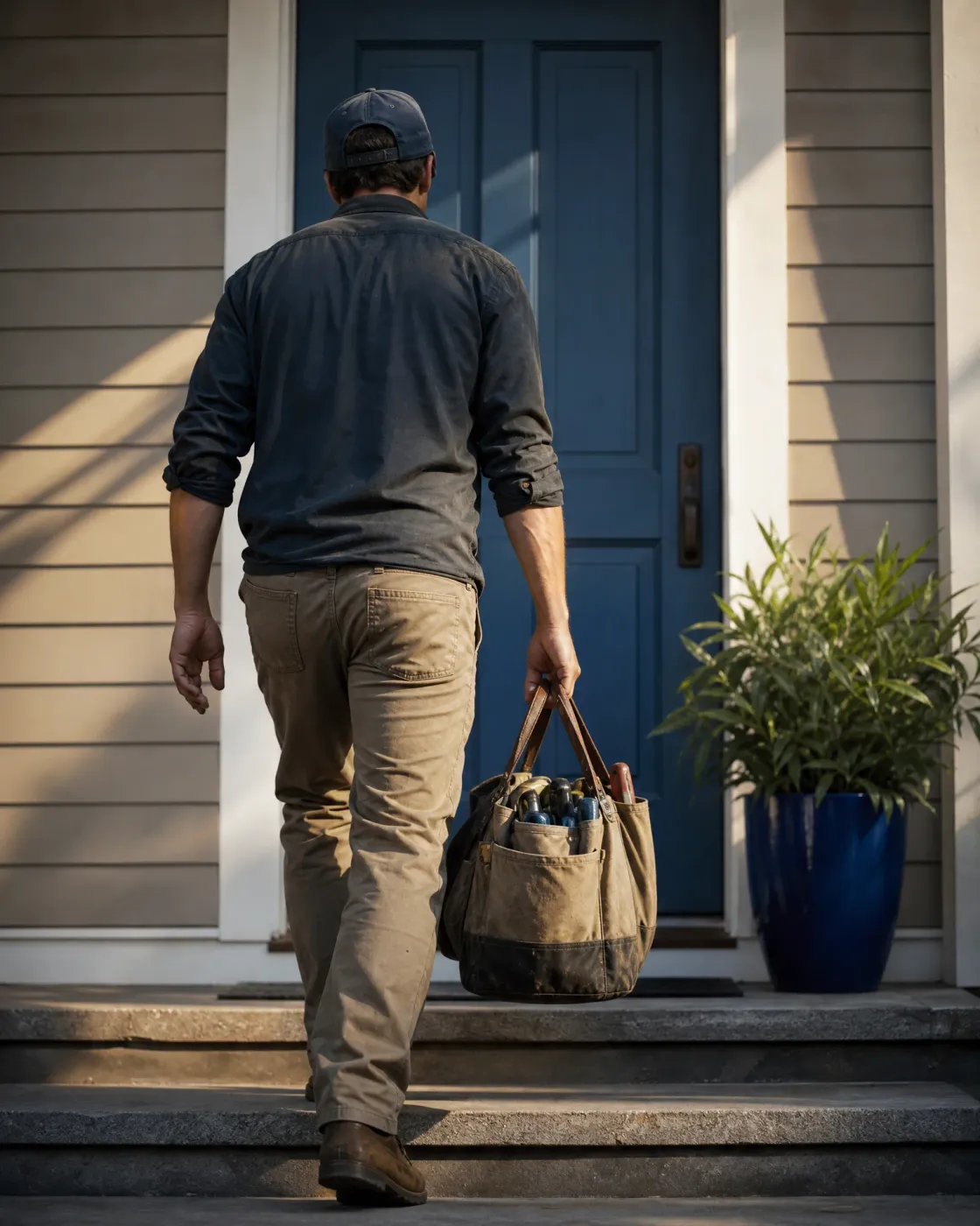 A man in a dark cap, dark shirt and tan pants, seen from behind, carries a canvas tool bag up concrete steps toward a blue front door, with a potted green plant in a blue planter beside the entry.